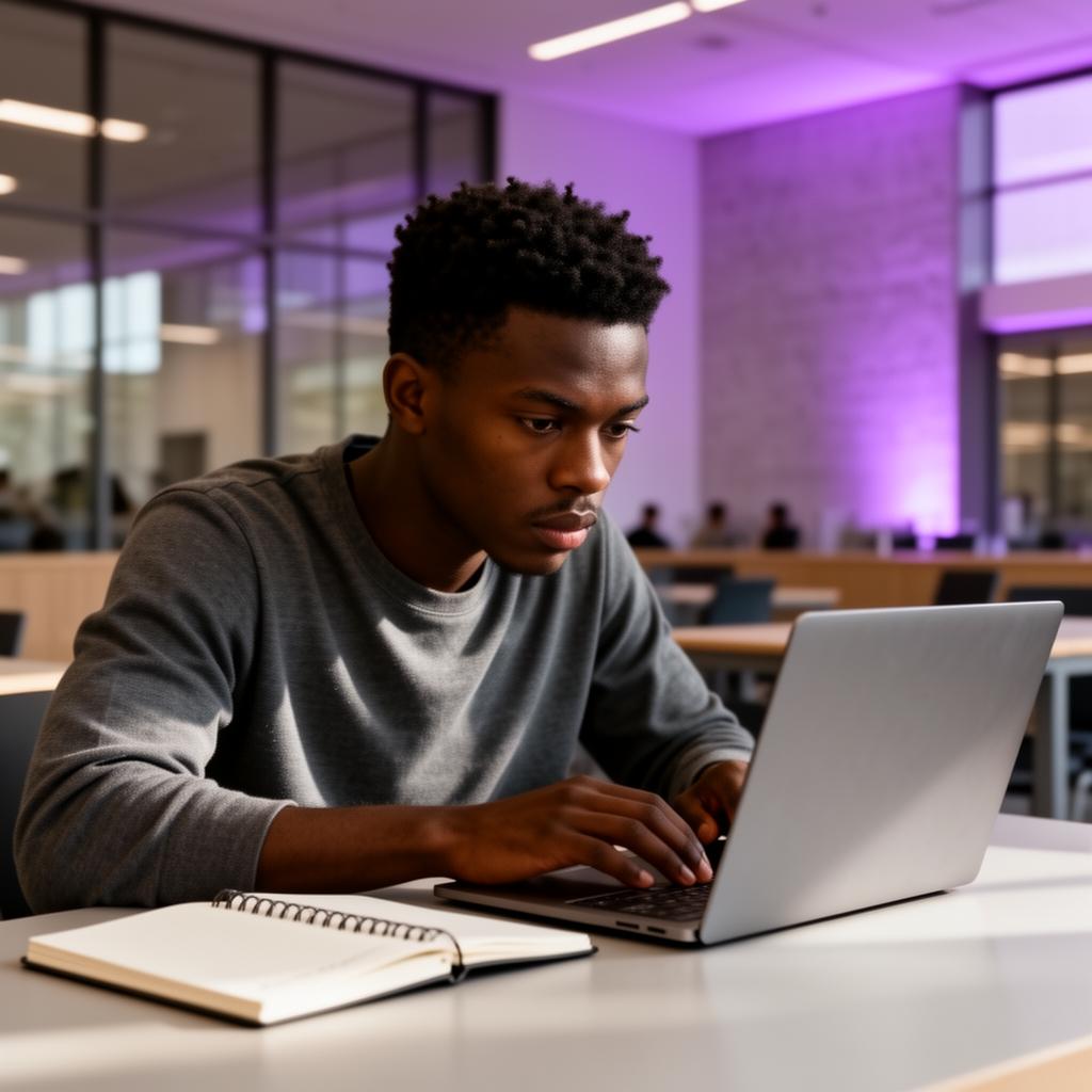 Focused young African student working on a laptop